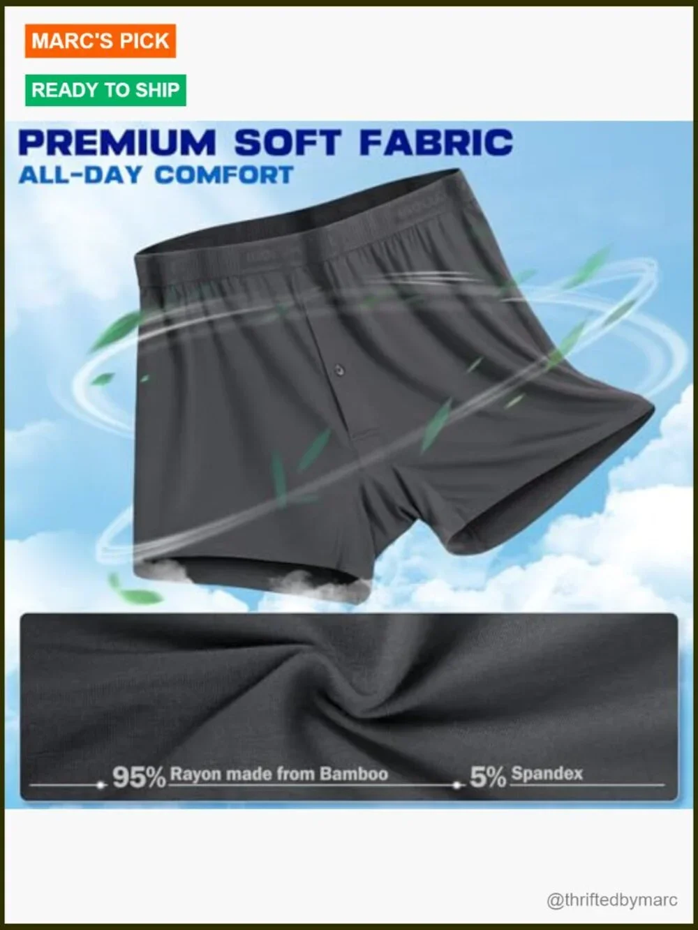 Men's Bamboo Rayon Boxer Shorts 5 Pack Relaxed Fit Button Fly